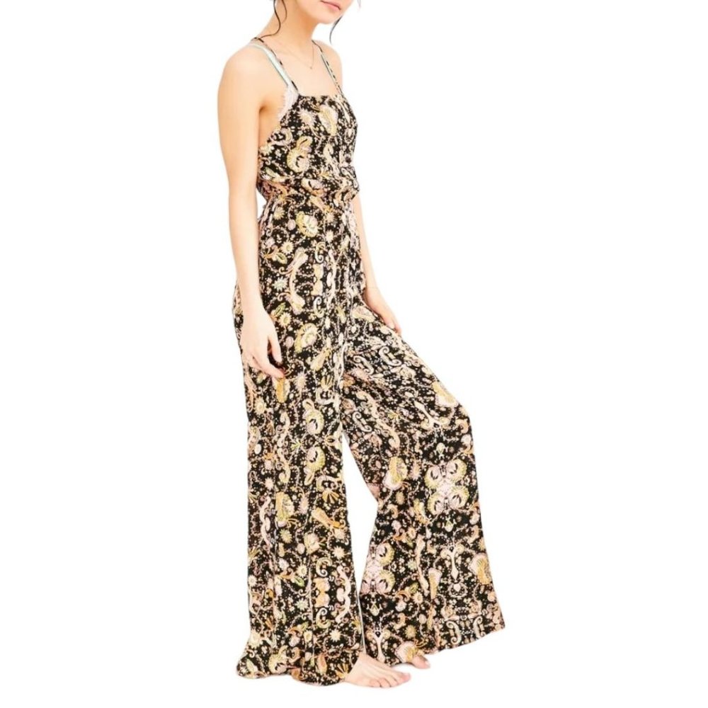 Urban Outfitters Black Floral Print Wide-Leg Jumpsuit